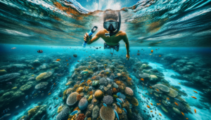 Ultrarealistic image of a snorkeler floating above the clear waters of Islamorada, observing an underwater ecosystem with colorful coral reefs, diverse fish, and sea turtles.